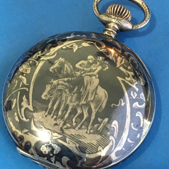 Antique / Vintage Lyst Glashute Niello Lovers Silver Rose Gold Pocket Watch Runs - Picture 3 of 10